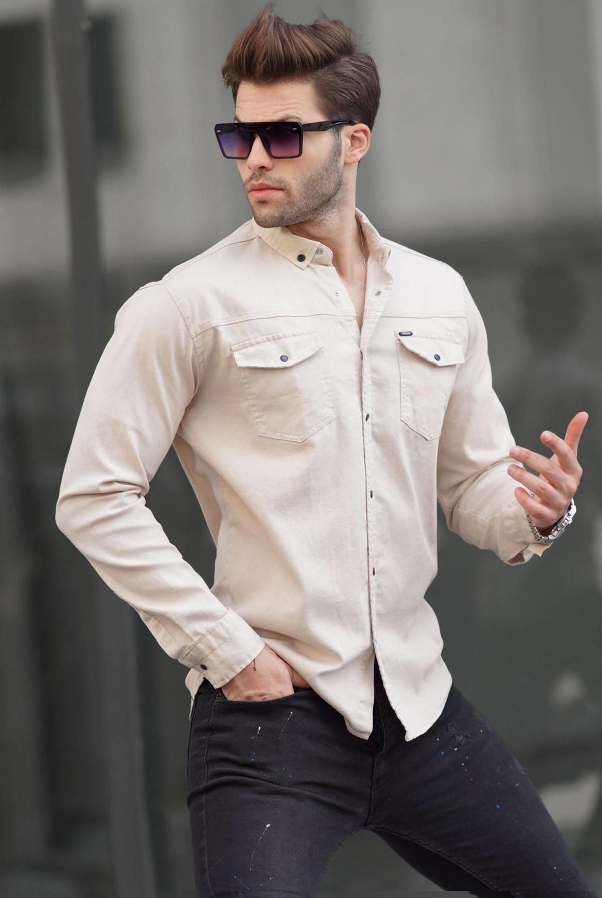 پیراهن کتان مردانه اورجینال آستین بلند دو جیب پارچه ترک-کرم