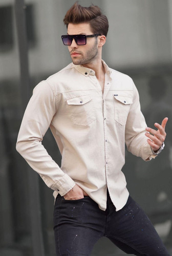 پیراهن کتان مردانه اورجینال آستین بلند دو جیب پارچه ترک-کرم