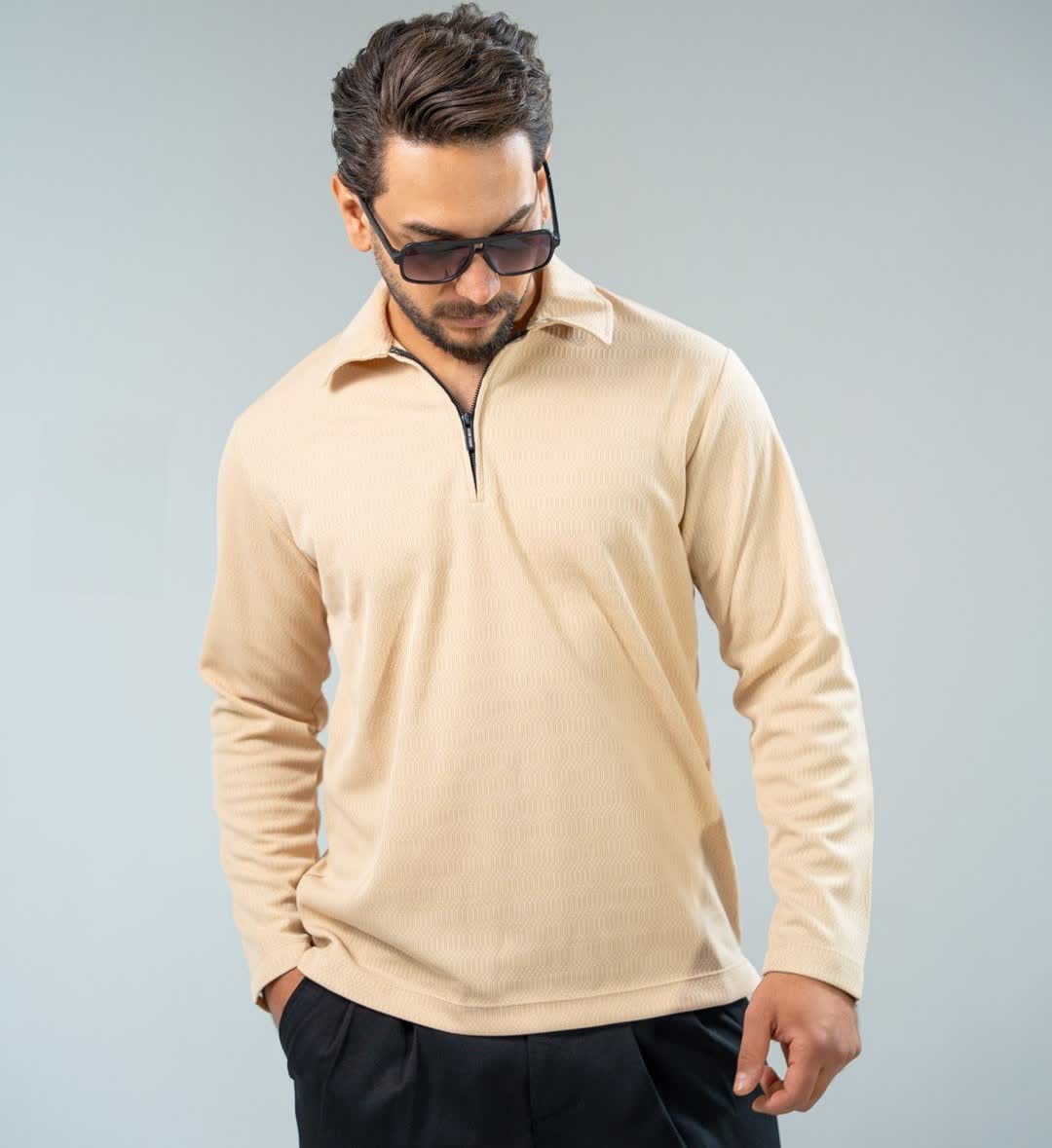پیراهن مراکشی نیم زیپ استایل old mony رنگ کرم